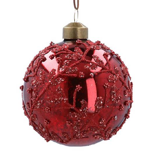 INDENT - Pack 12, Glass Ball Antique Red, Bead Sprays 8cm